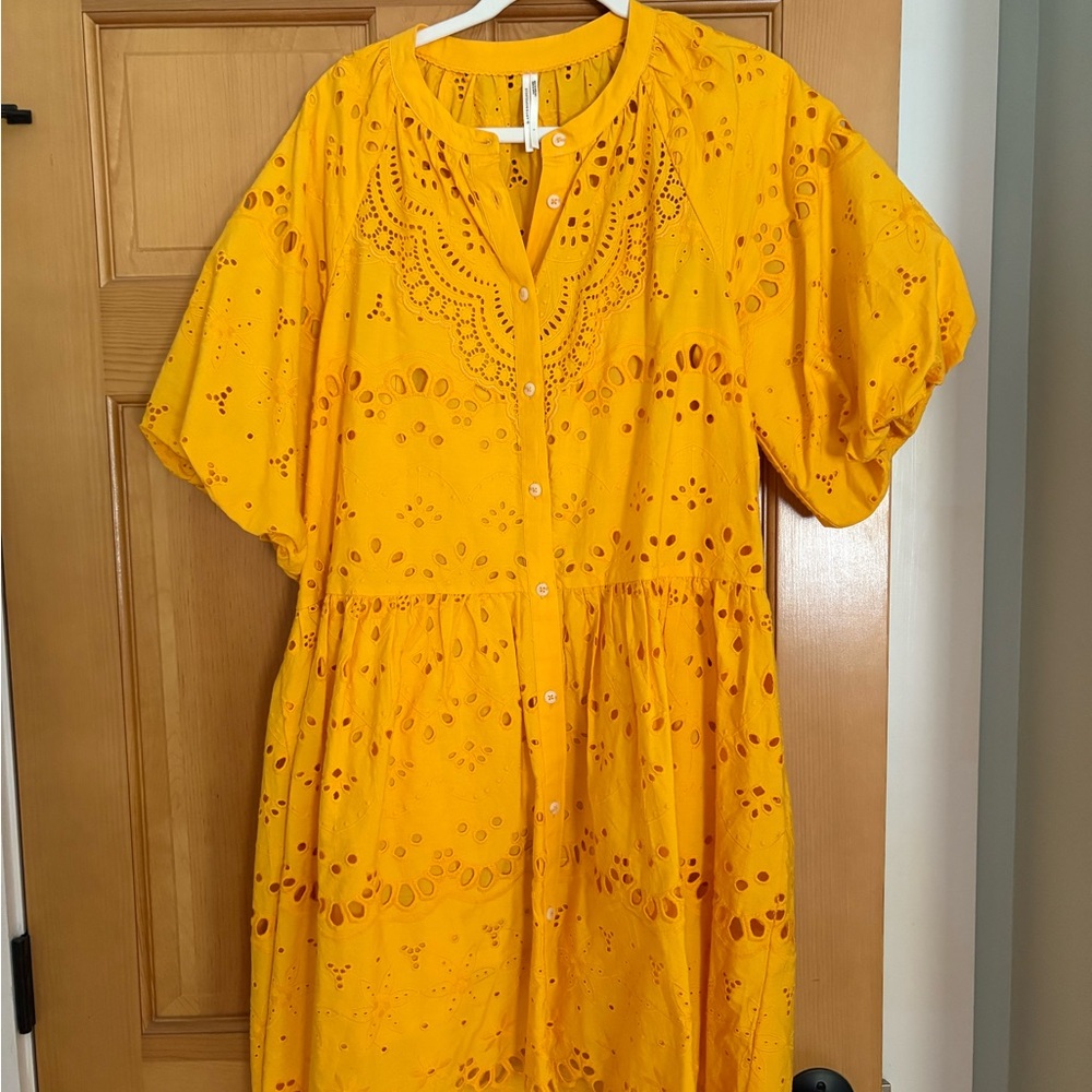Yellow Eyelet Midi Dress